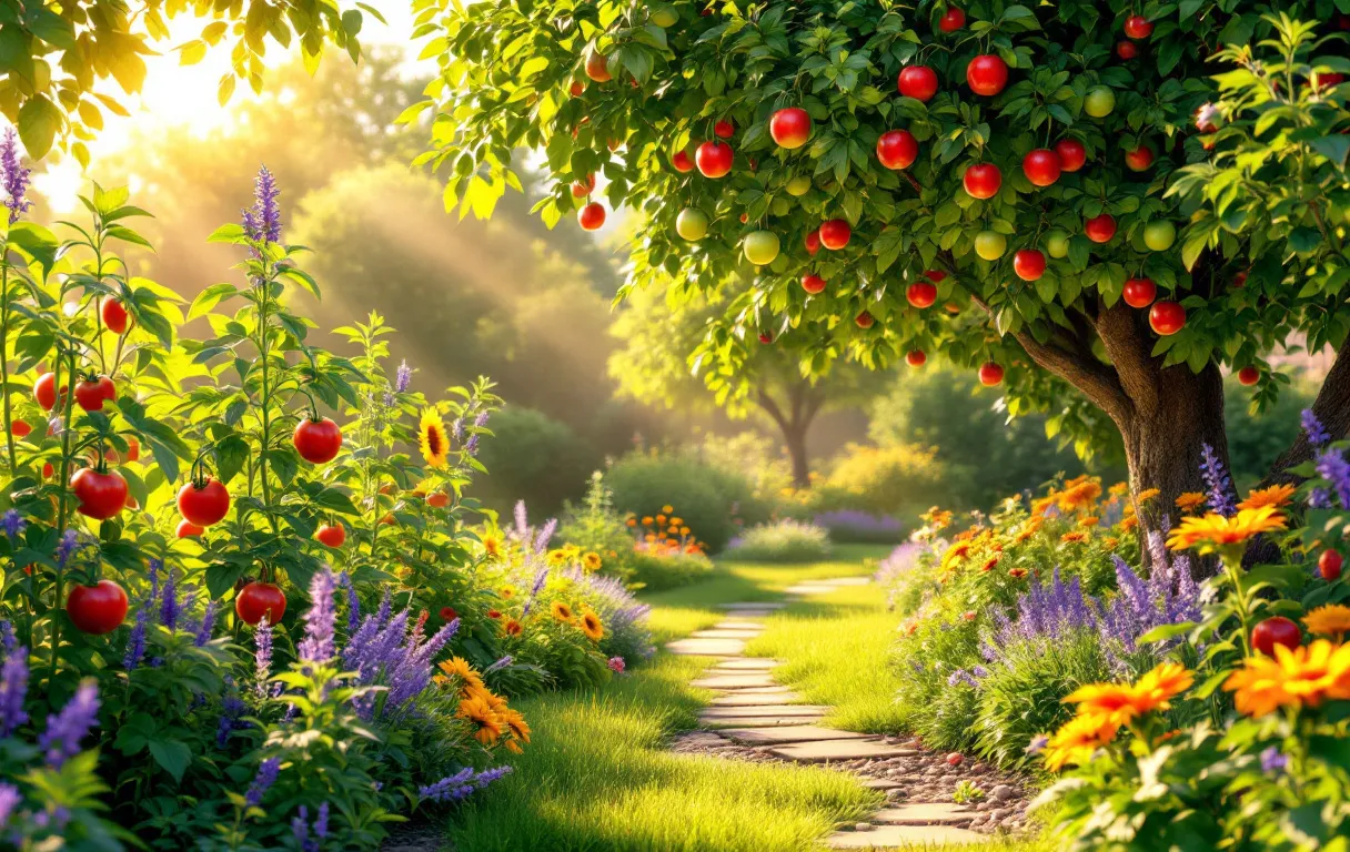 Un jardin verdoyant avec des légumes, des arbres fruitiers et des fleurs attirant les pollinisateurs baigné par une lumière matinale douce.