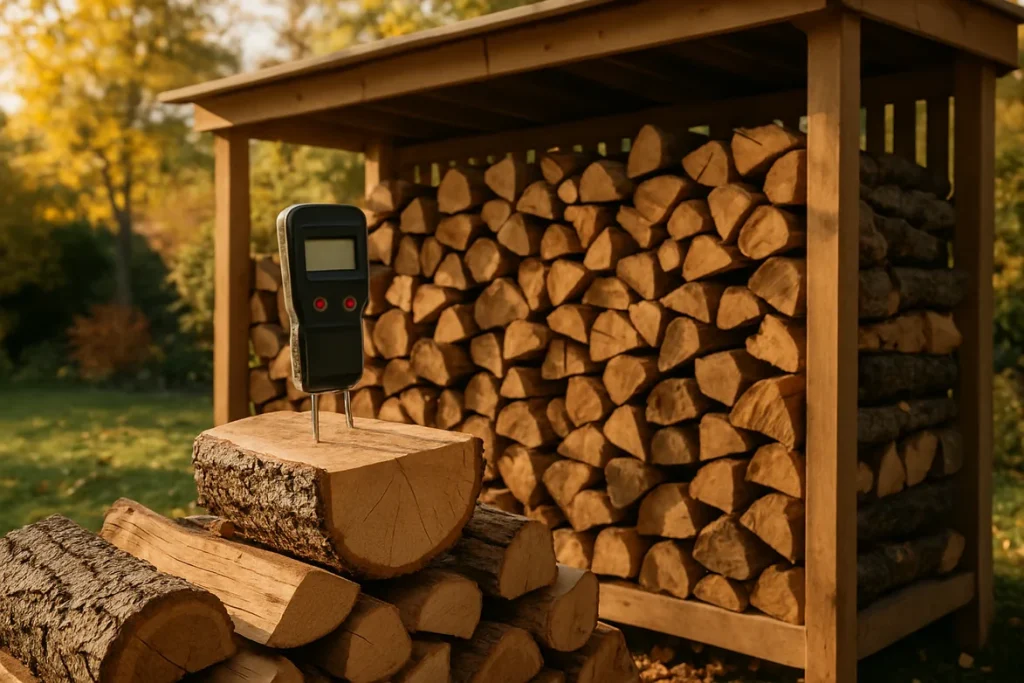 Bûches de chêne et de hêtre empilées sous un abri ventilé avec un humidimètre à bois